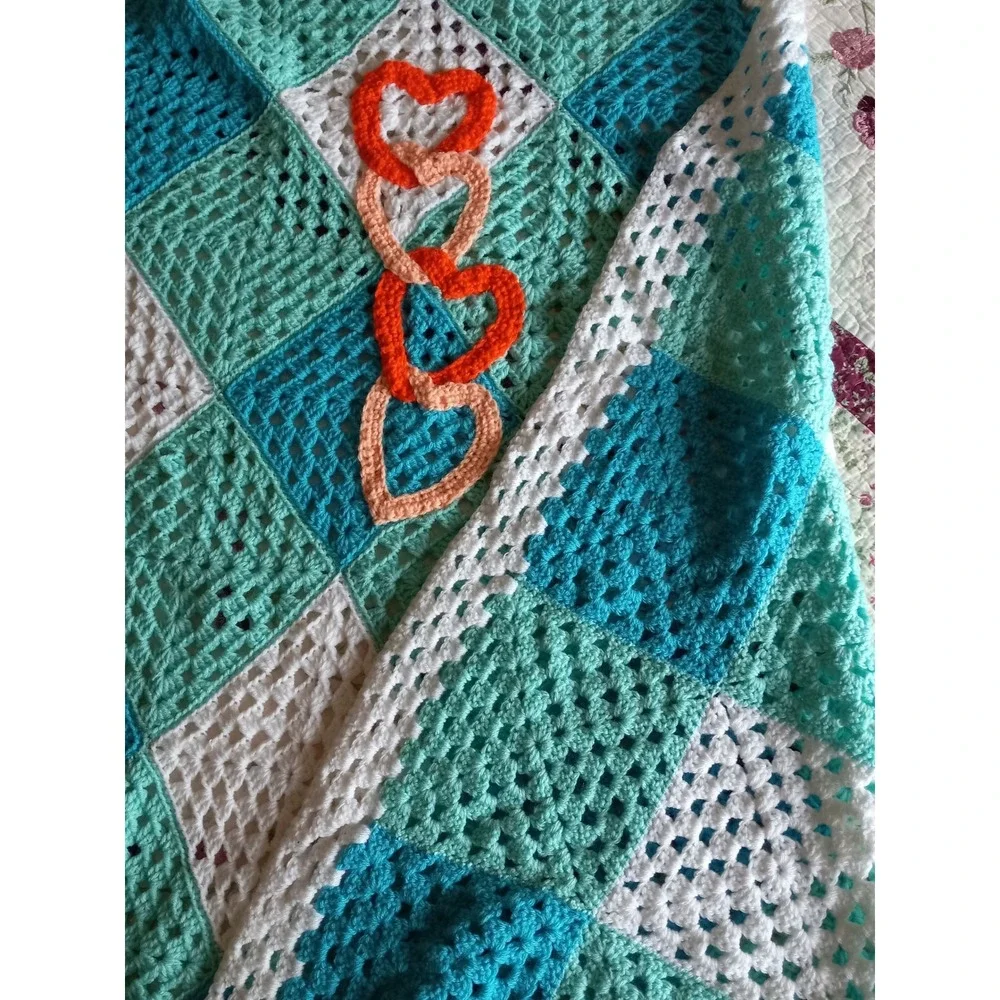 Handmade Crochet Granny Square Blanket Teal White Checkered Interlocking Hearts